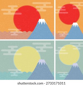Uma cena do sol nascendo no cenário do Monte Fuji no Japão. Ilustração do mar com um padrão Seigaiha. Versões vertical, horizontal e colorida.