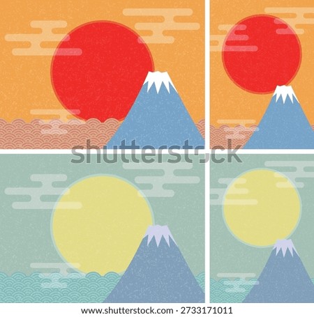 A scene of the sun rising against the backdrop of Mount Fuji in Japan. Illustration of the sea with a Seigaiha pattern. Vertical, horizontal, and color versions.