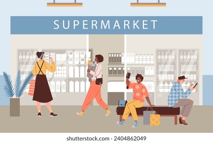 Scene with supermarket and people at mall flat style, vector illustration. Happy resting people making selfie and chatting, smiling woman going with grocery bag, mall shopping