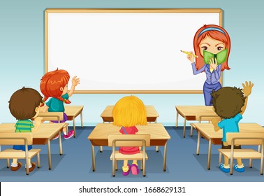 Scene with teacher and many students in classroom illustration
