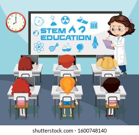 Scene with teacher and students in science class illustration