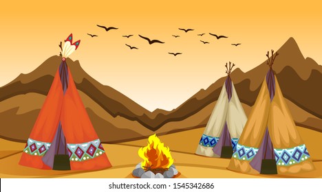 Scene With Teepee And Campfire Illustration