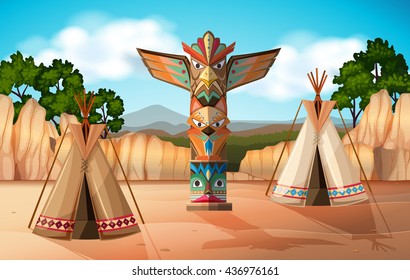 Scene with teepee and totem pole illustration