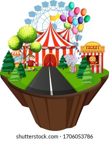 Escena con carpa y paseos en circo ilustración