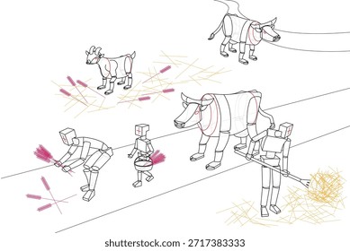 A scene that display 2 men, a child, 2 cows, and a goat
