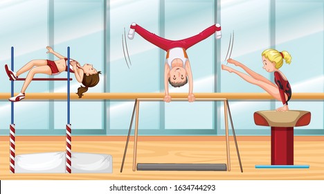 Scene with three athletes doing gymnastic illustration