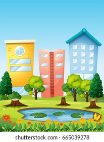 Scene with three buildings by the pond illustration