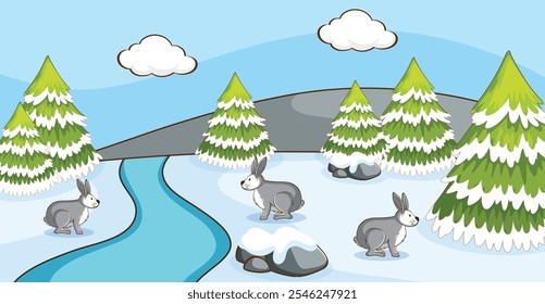 Scene with three bunnies in winter
