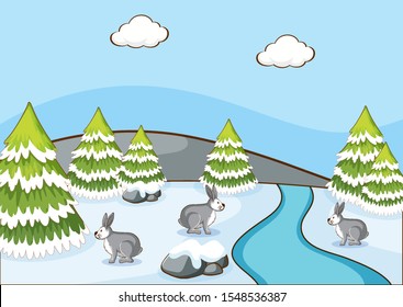 Scene with three bunnies in winter illustration