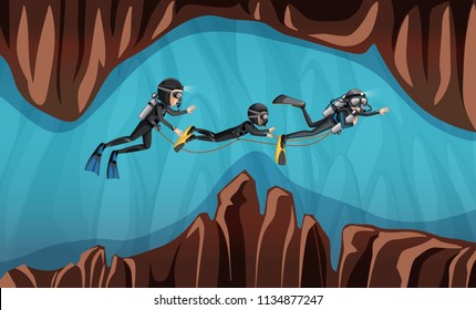 Scene of three divers illustration