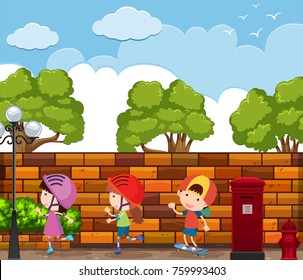 Scene with three kids rollerskate on the road illustration