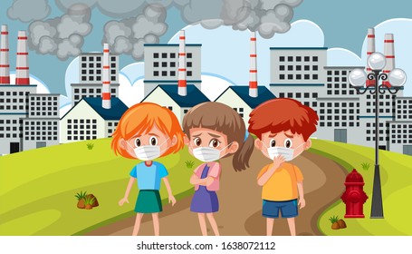 Scene with three kids wearing mask in big city illustration