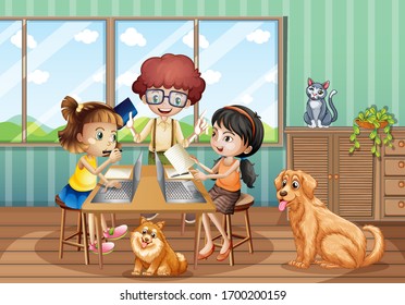 Scene with three kids working on computer at home illustration