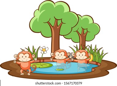 Scene with three monkeys in the park illustration