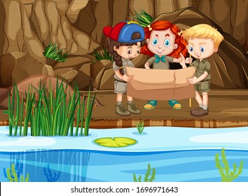 Scene with three scouts looking map by the river illustration