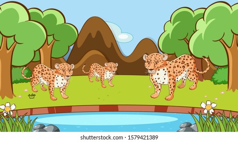 Scene with tigers in forest illustration