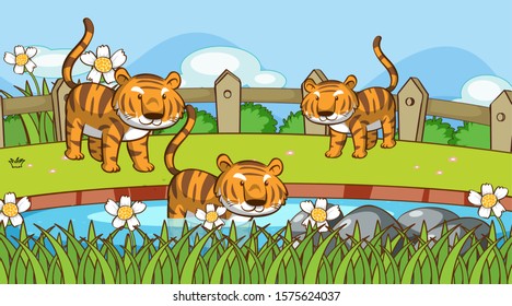 Scene with tigers in garden illustration