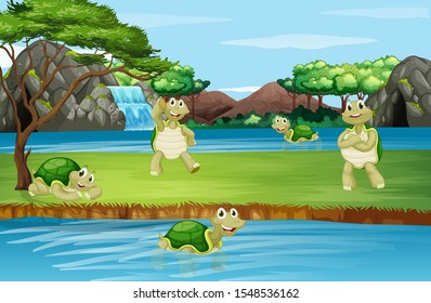 Escena con tortuga en la ilustración del parque