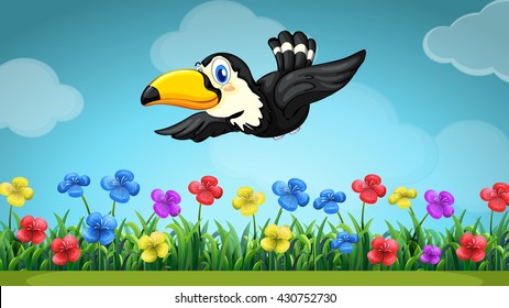 Scene with toucan flying in the garden illustration