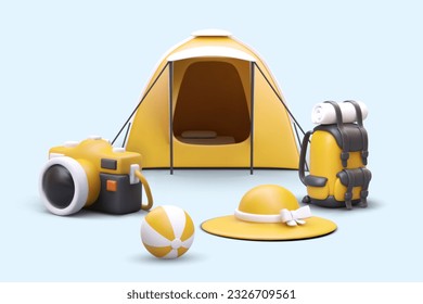 Blick vom touristischen Leben ohne Menschen. Realistische Illustration, Campingurlaub. 3D-Zelt, Sonnenhut, Kamera, Rucksack, gestreifter Ball. Erholung. Vektorvorlage für Website-Design, Werbung, App