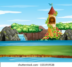 Scene with tower by the river illustration