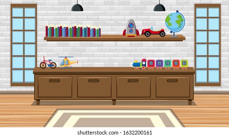 Scene with toys and furnitures in the room illustration