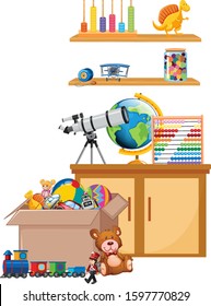 Scene with toys on the shelf and in the box illustration