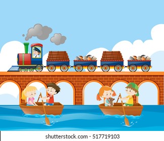 Scene with train and kids rowing boat illustration