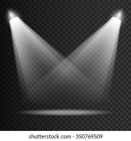 Scene transparent lights effects on a plaid dark background. Bright lighting illumination with isolated spotlights. Vector EPS10