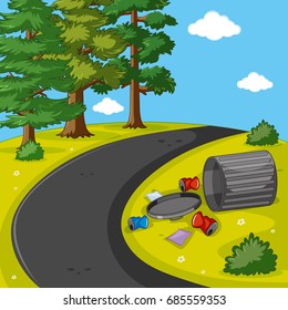Scene with trash in the park illustration