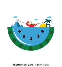 Scene travel. The guy is in the hammock. Two different locations, north and south. Vector. 