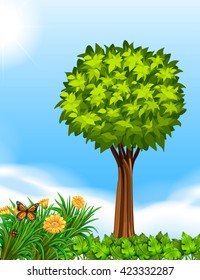 Scene with tree in garden illustration