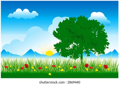Scene with tree, grass and flowers