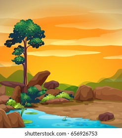 Scene with tree and pond at sunset illustration