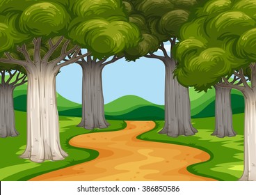 Scene with trees along the road illustration
