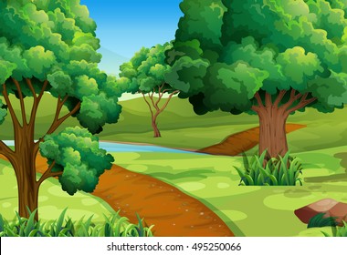 Scene with trees along the trail illustration