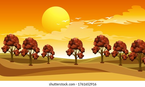 Scene with trees in the field at sunset illustration