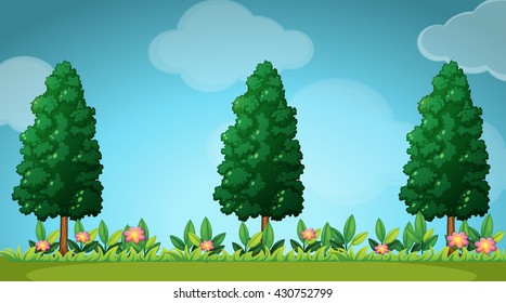Scene with trees and flowers illustration