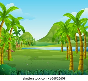 Scene with trees and lake illustration