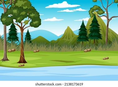 Scene with trees and river in the field illustration