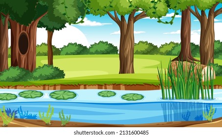 Escena con árboles y río en ilustración forestal