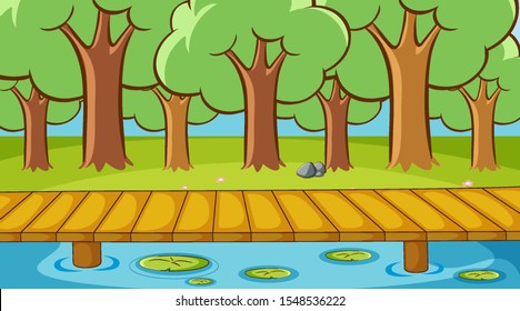 Scene with trees and river in the park illustration