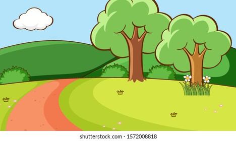 Cena com árvores e estrada na ilustração colina