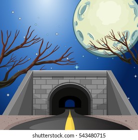 Scene with tunnel at night illustration