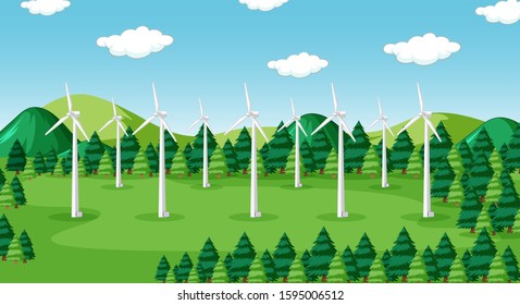 Scene with turbines in the forest illustration
