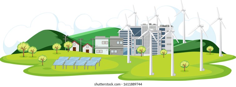 Scene with turbines and solar cells in the city illustration