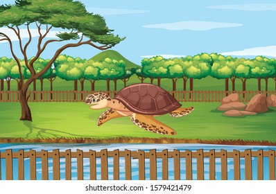 Scene with turtle at the zoo illustration