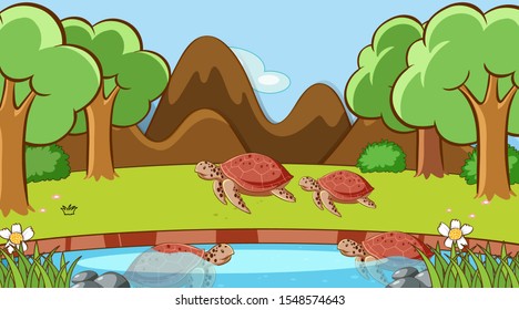 Scene with turtles in the park illustration