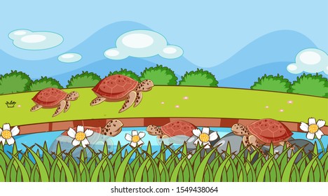 Scene with turtles in the pond illustration
