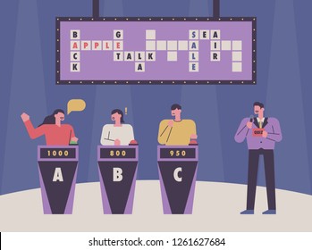 A scene of a TV quiz show. The host is running the show, and the participants are doing a cross puzzle quiz. concept illustration. flat design vector graphic style.